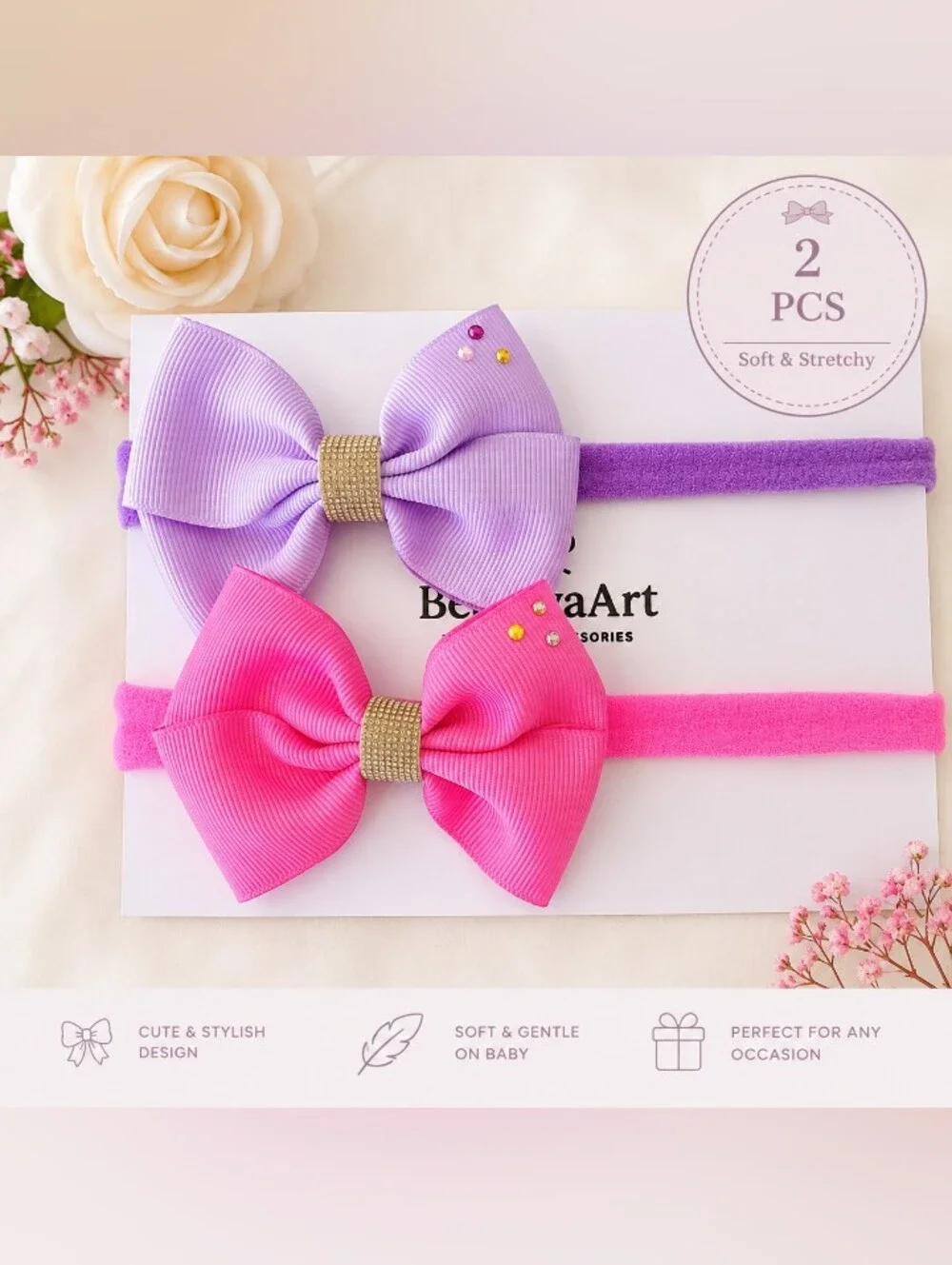Handmade, Elastic Headband Set Ribbon Bows In Fushsia And Lavander 🎀✨